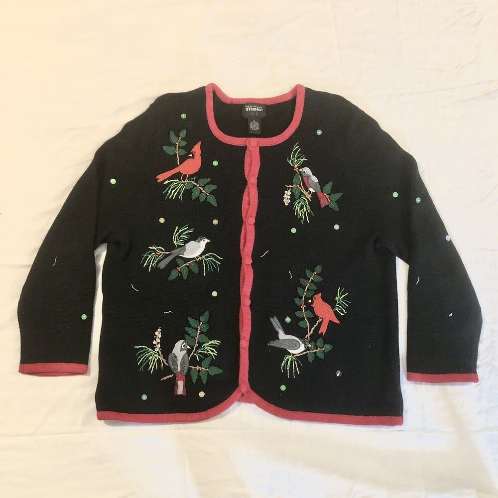 Embroidered Song Bird Women’s Knot Cardigan Sweater Christmas Sz XL - FLAW -READ